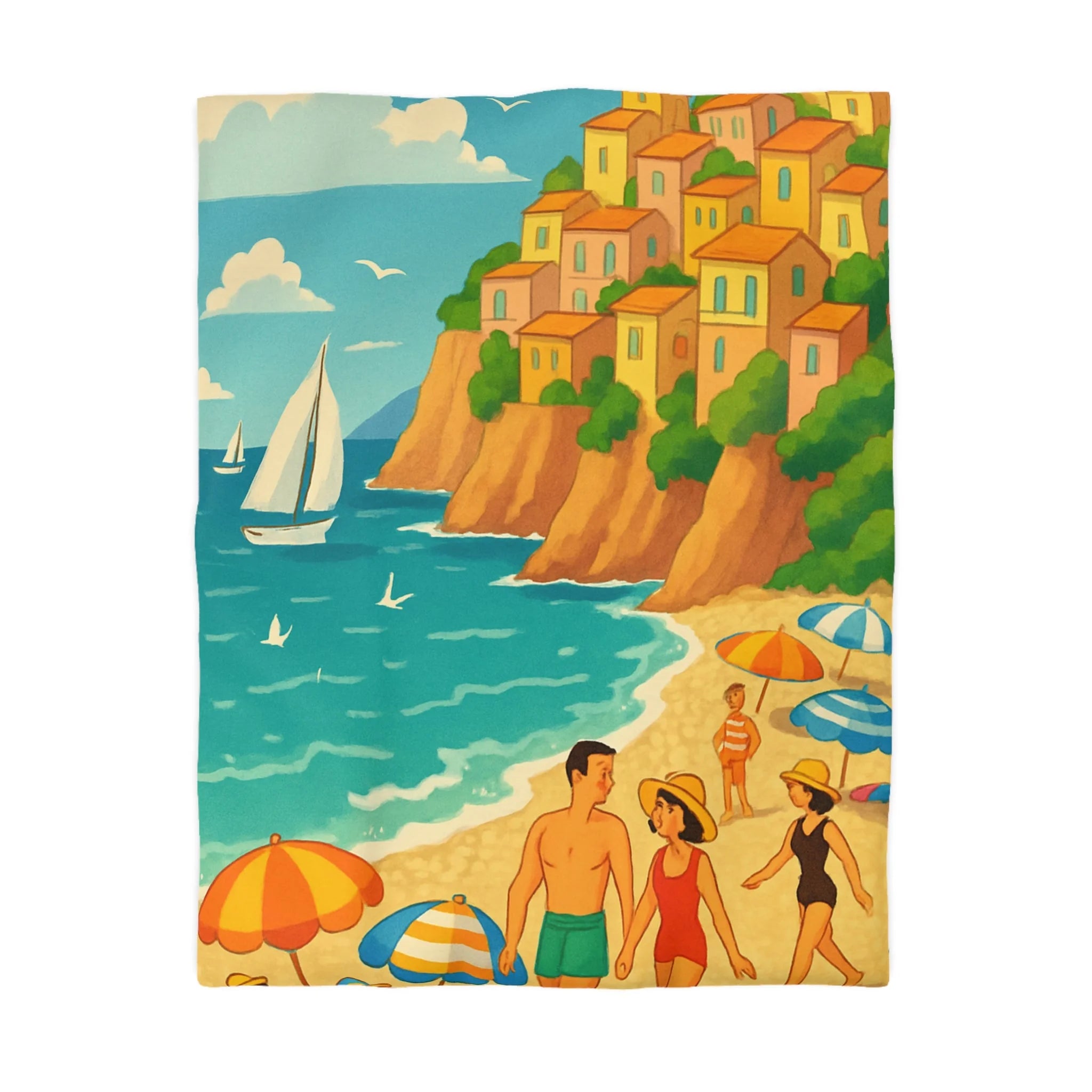 Housse de couette plage méditerranéenne avec paysages colorés et vacanciers ensoleillés