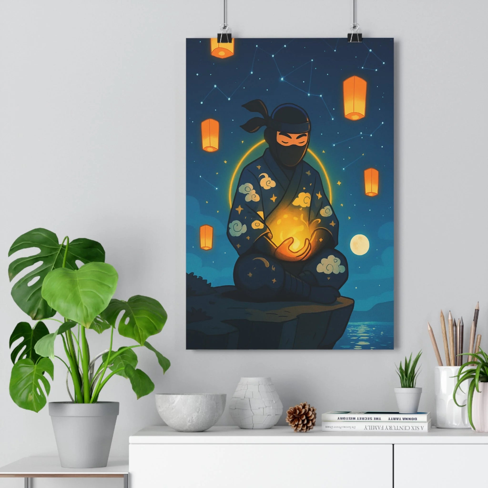 Poster décoratif dessin animé bleu orange mystique chambre salon ambiance sereine magique 30x46 cm