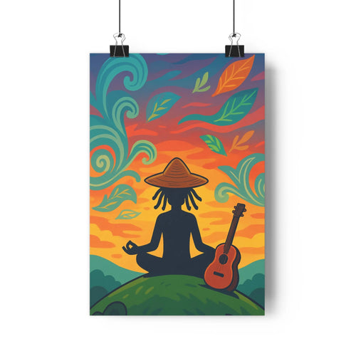 Poster méditatif personnage guitariste ciel coloré feuilles flottantes colline verte table blanche objets décor naturel ambiance zen salon chambre