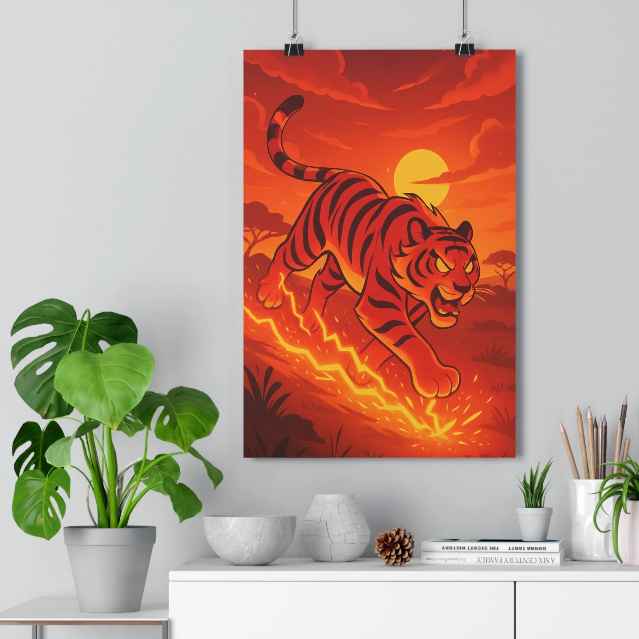 Poster décoratif tigre cartoon orange rouge énergie dynamique salon chambre format 30x46 ambiance vibrant