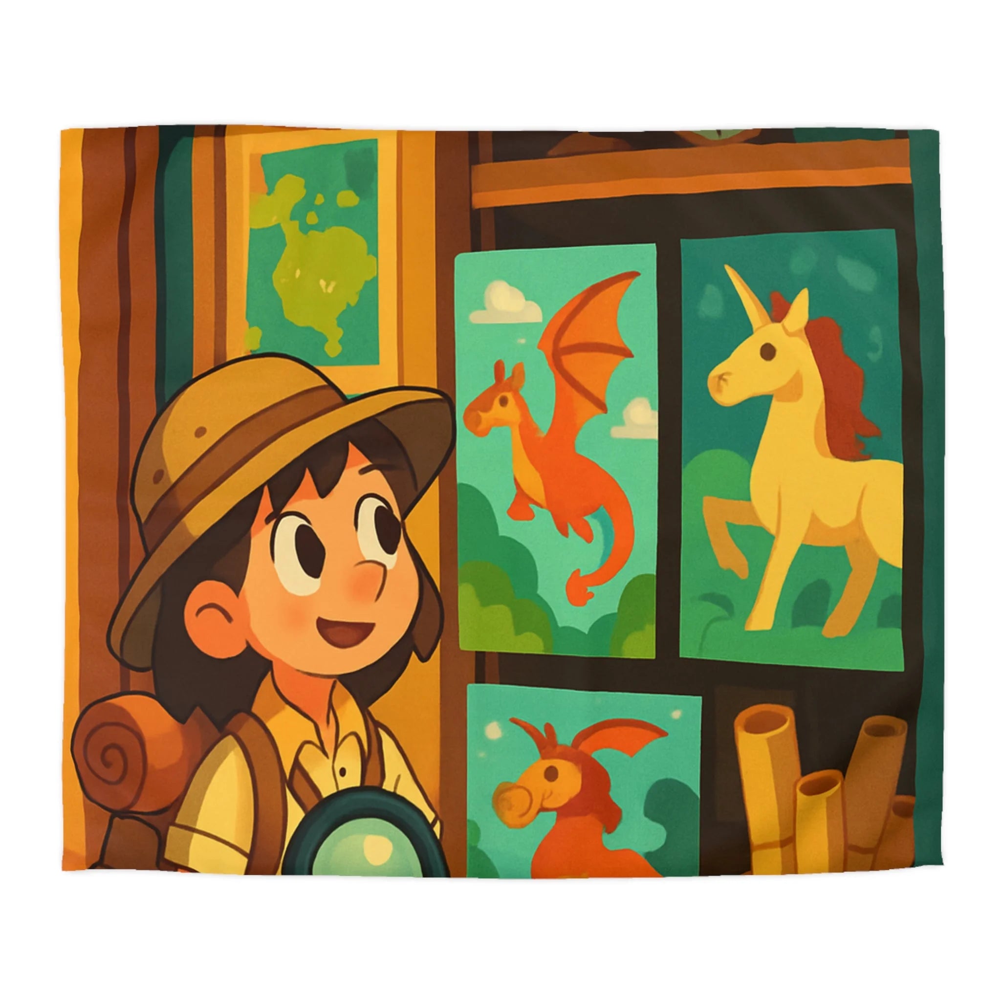 Housse de couette thème exploration avec dragon et licorne pour chambre enfant