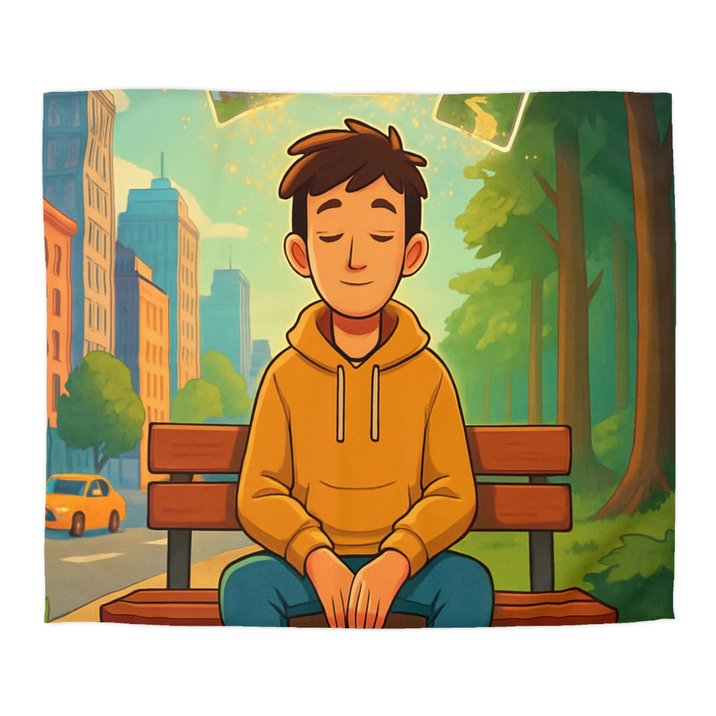 Housse de couette rêveuse garçon banco bois cartes illuminées parc illustré nature