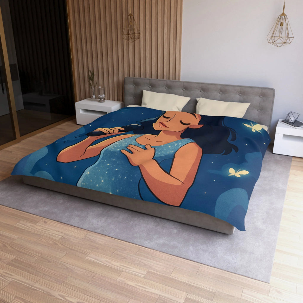 Housse de couette rêveuse avec chanteuse, papillons, lune et ciel étoilé bleu