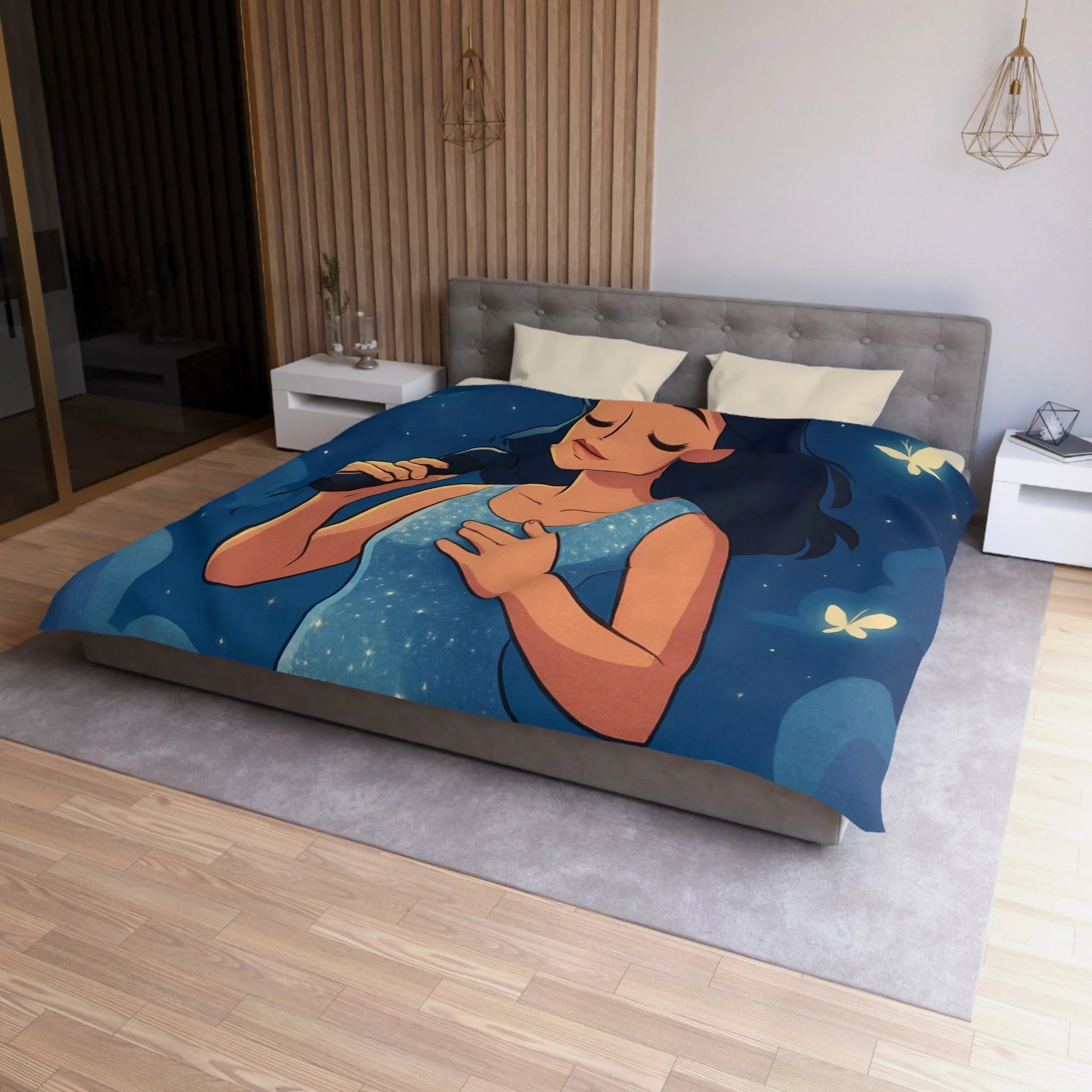 Housse de couette rêveuse avec chanteuse, papillons, lune et ciel étoilé bleu