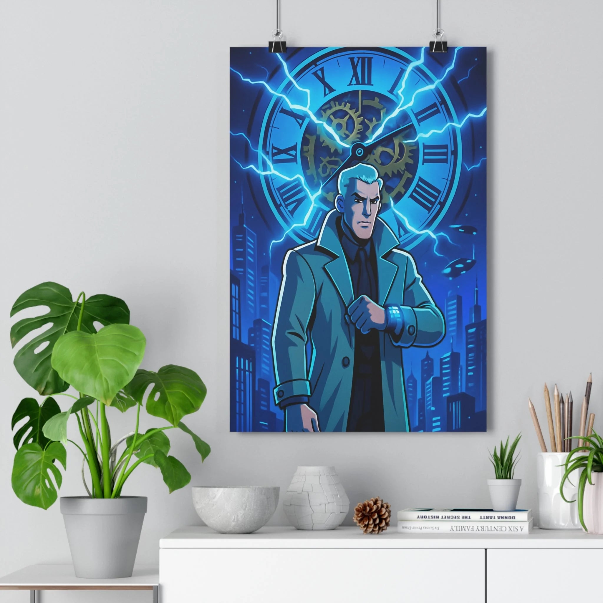 Poster décoratif homme futuriste bleu noir dynamique moderne bureau horloge soucoupes volantes style électrique