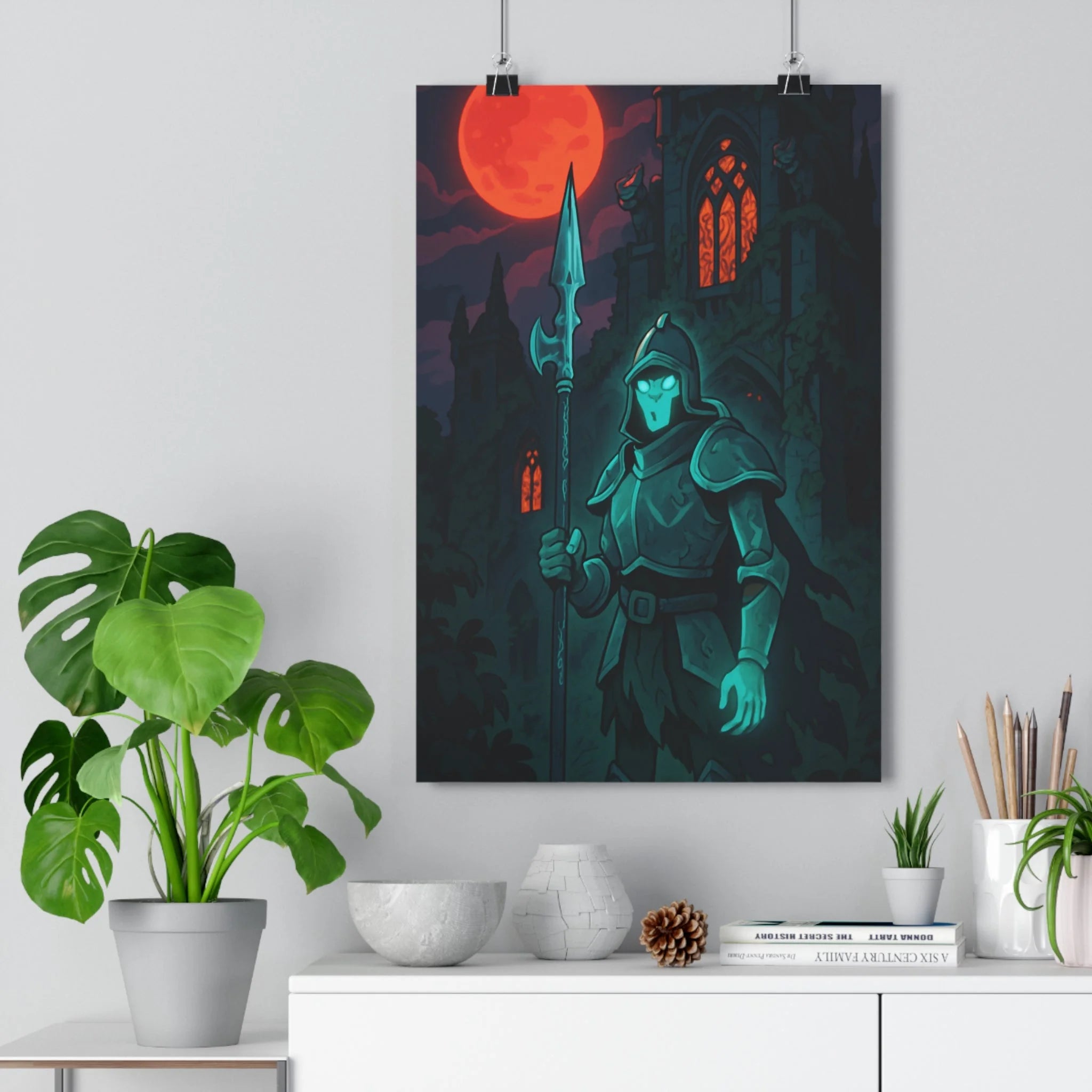 Poster décoratif gothique mystique chevalier fantomatique rouge noir lune ancienne chambre tendance ambiance captivante