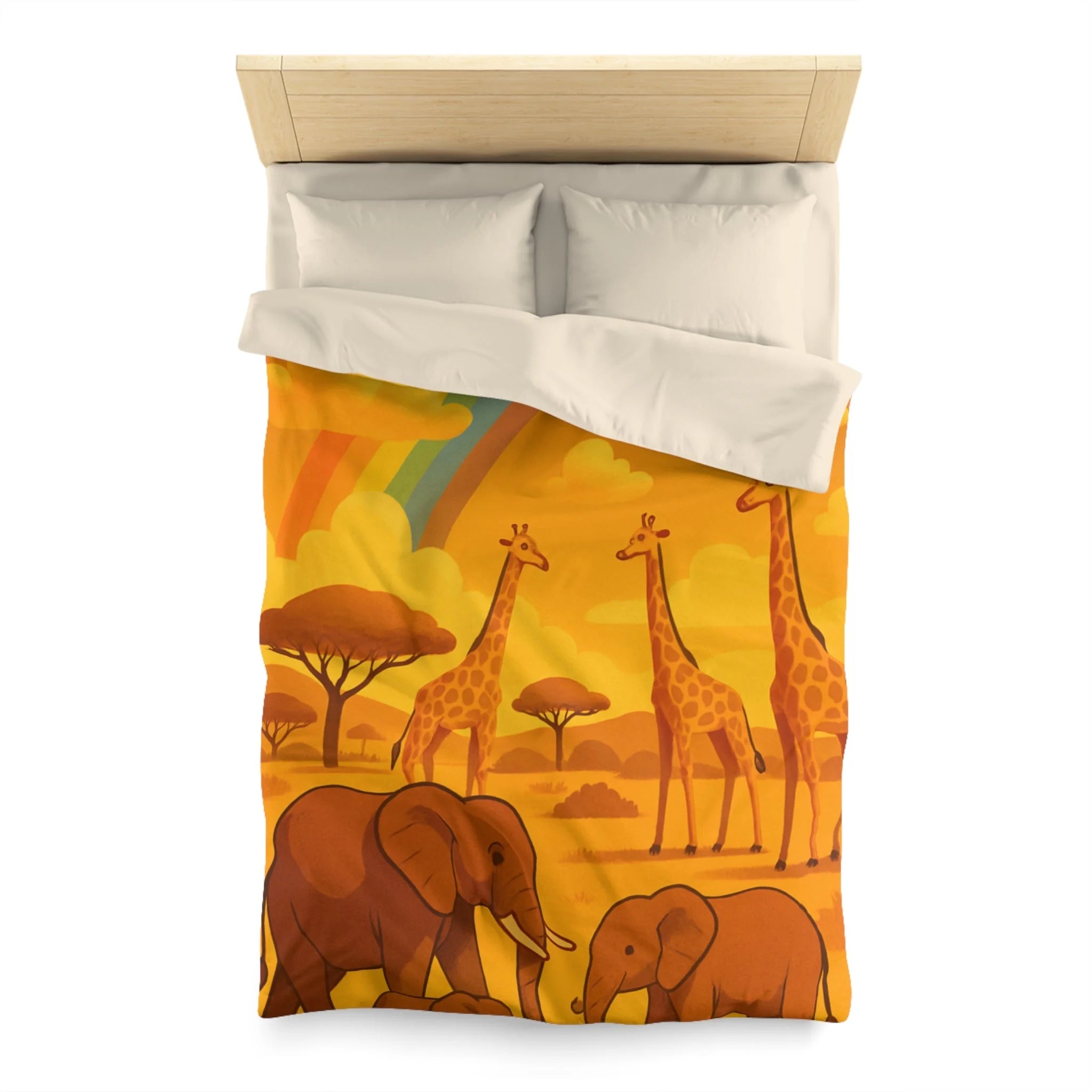 Housse de couette safari enfant avec éléphants, girafes et arc-en-ciel vibrant