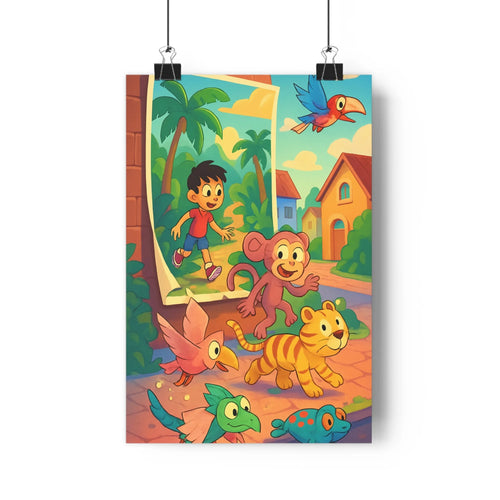 Poster enfant joyeux animaux jungle palmiers maison jaune livres ouvert vibrant cartoon bleu vert rouge énergique chambre salon