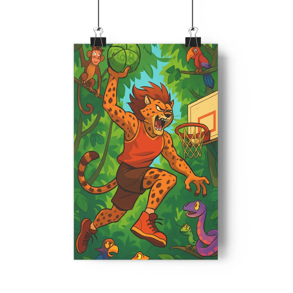 Poster décoratif cartoon guépard basket jungle animaux vert dynamiques amusant chambre enfant vibrant cool