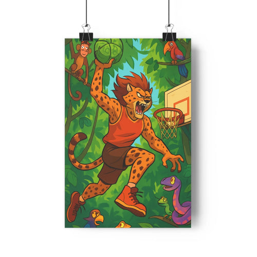 Poster jaguar basket jungle oiseaux singe végétation verte orange noir cartoon dynamique amusant chambre enfant vibrant cool