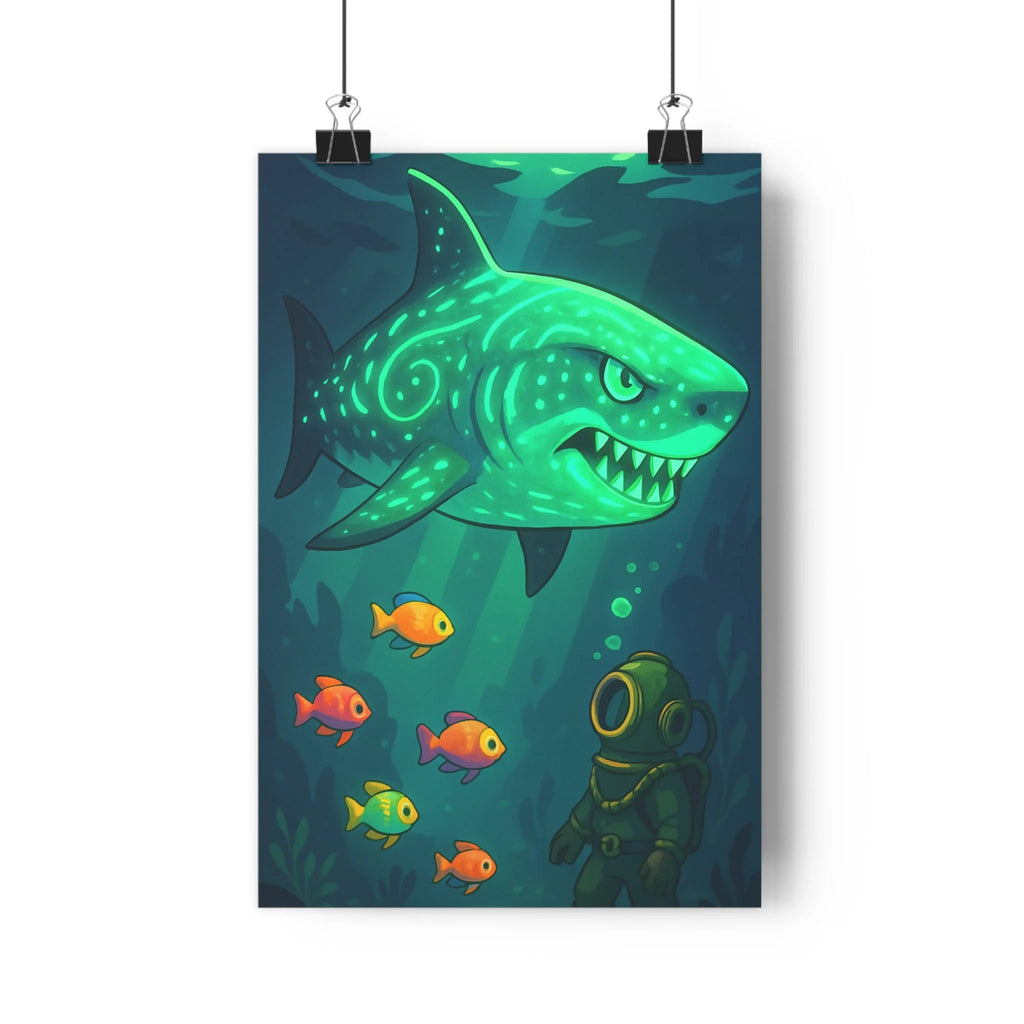 Poster décoratif cartoon bleu orange aventure marin chambre enfant requin lumineux art ambiance unique