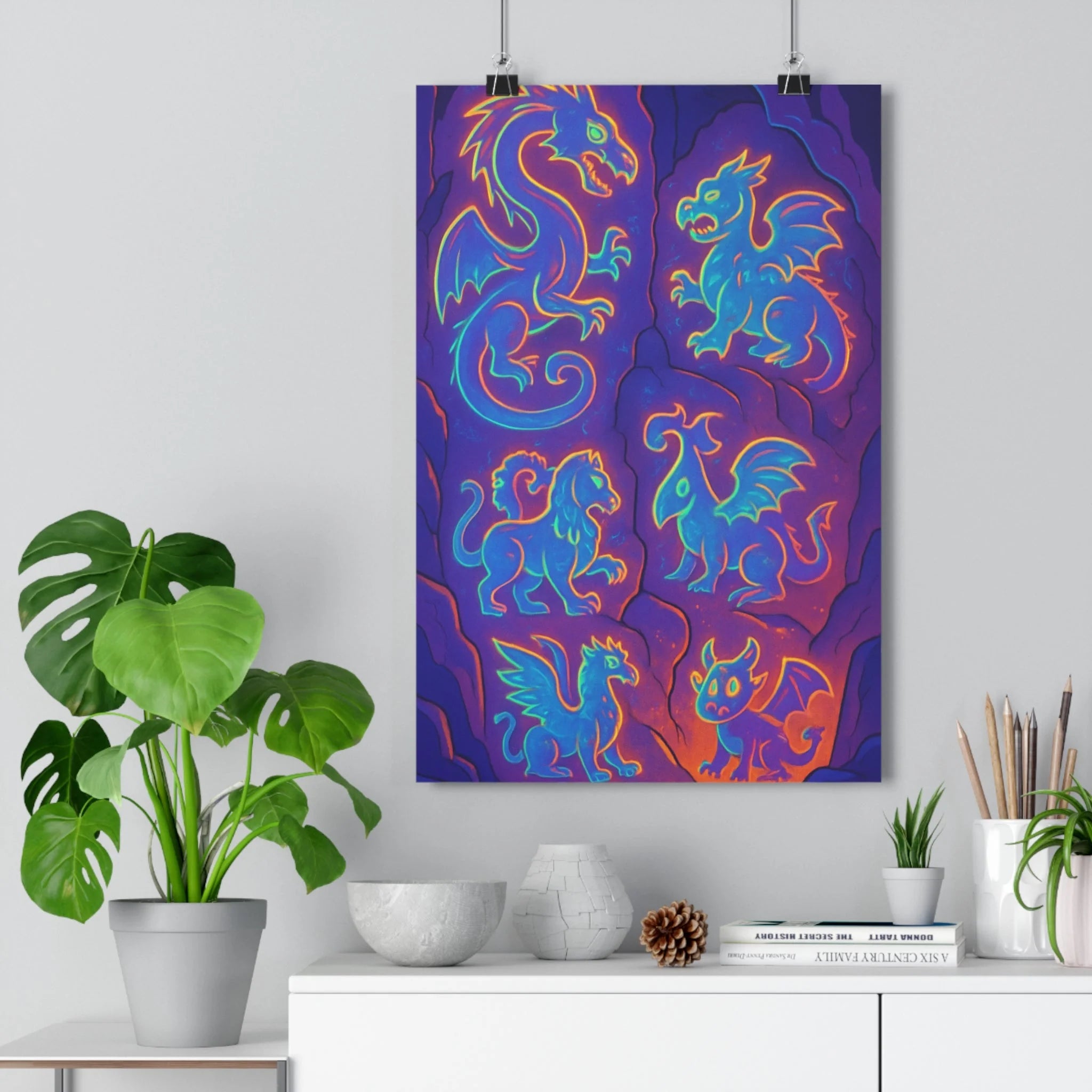 Poster décoratif créatures fantastiques bleu violet orange mystique fantaisie chambre enfant 30x46 lumineux ambiance