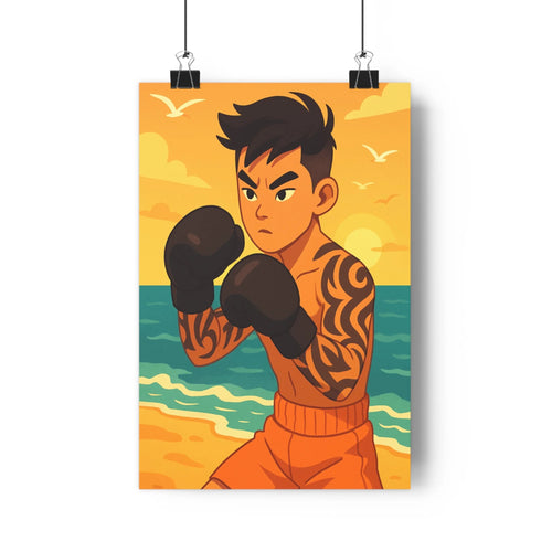 Poster boxeur plage vagues ciel orange tatouage gants de boxe ambiance sportive fond marin dessin animé vibrant énergique chambre salon