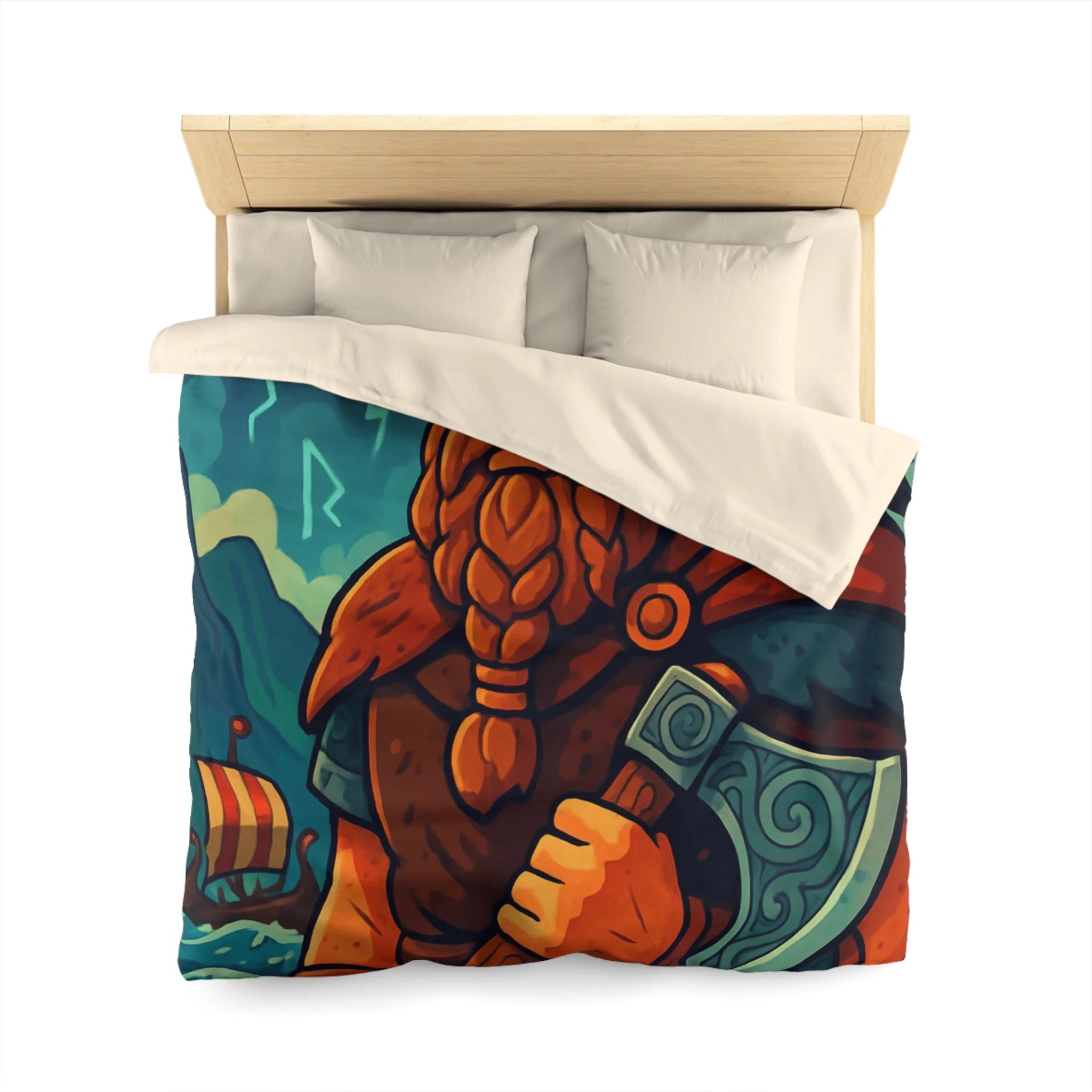 Housse de Couette Viking Épique avec Corbeau Mystique et Mer Orageuse Nordique