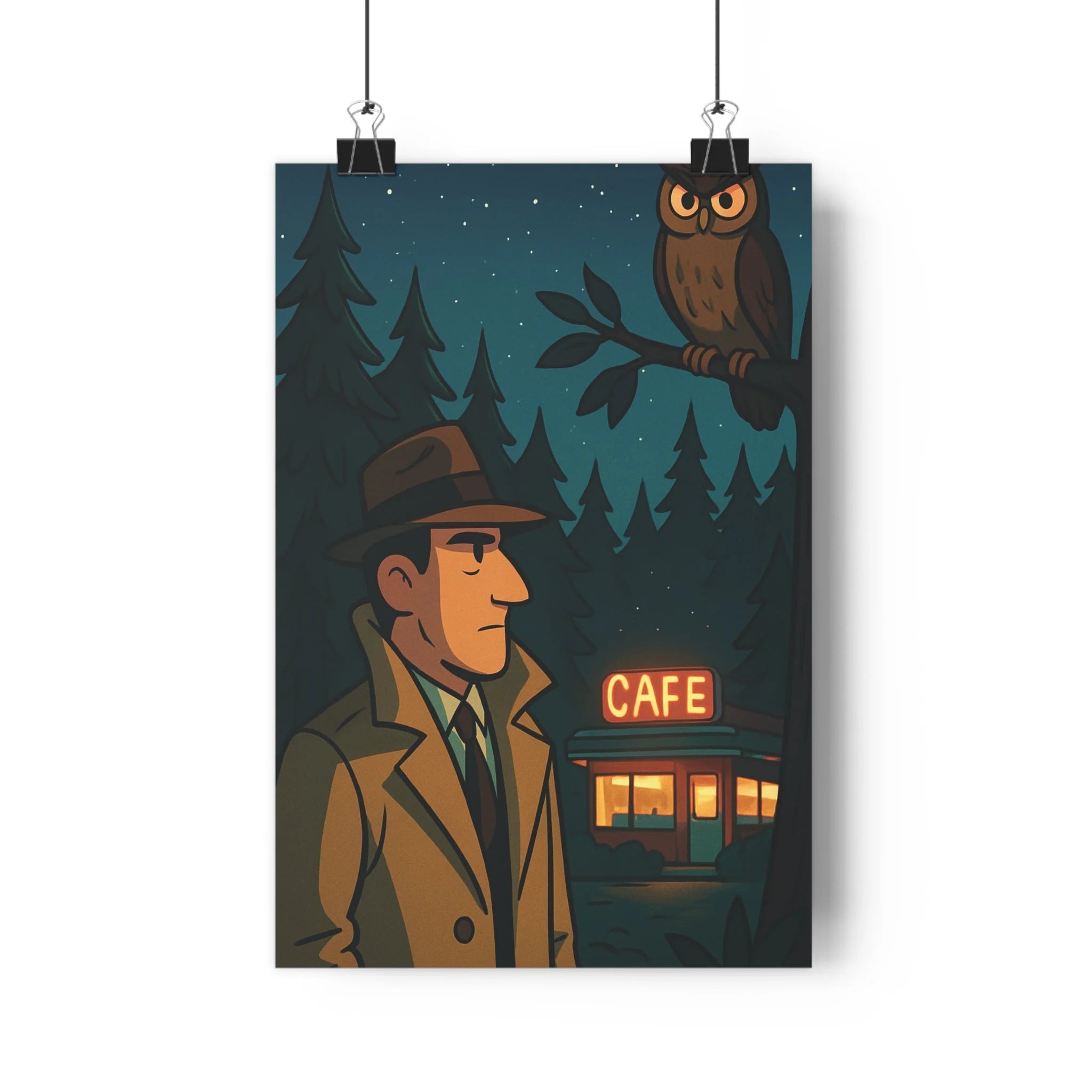 Poster décoratif sombre mystérieux cartoon nuit étoilé salon bureau hibou personnage énigmatique 30x46 qualité