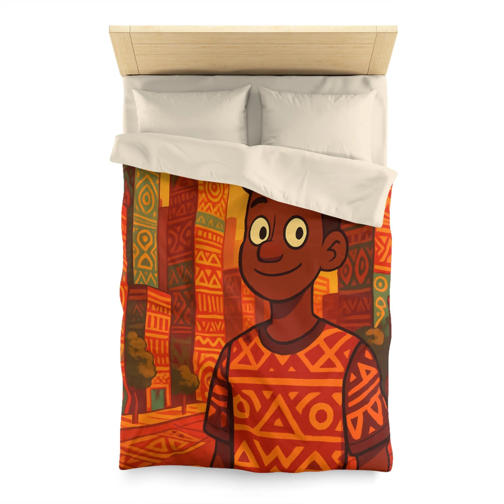 Housse de Couette Personnage Souriant avec Motifs Géométriques et Gratte-Ciel Colorés