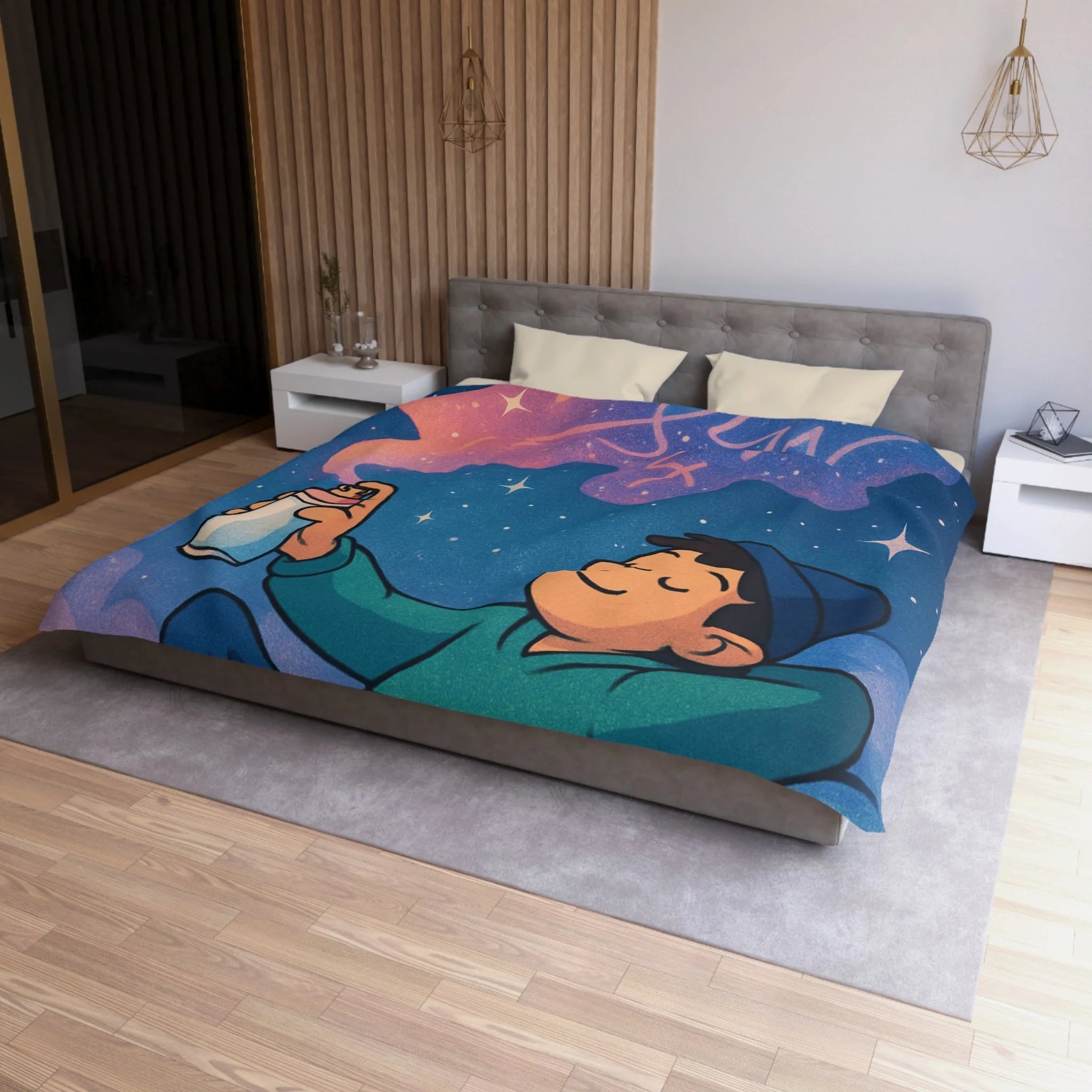 Housse de couette rêve étoilé avec jeune garçon et spray cosmique coloré