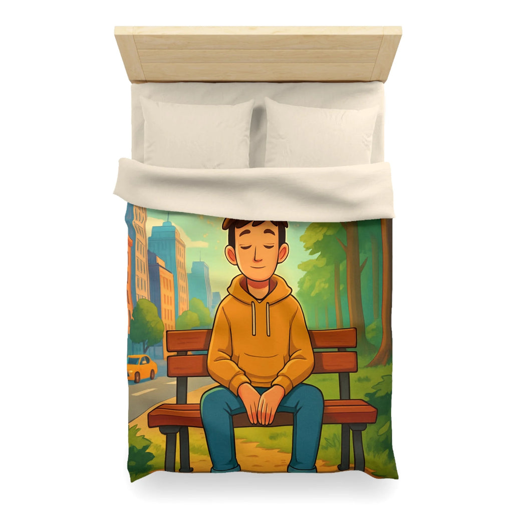 Housse de couette rêveuse garçon banco bois cartes illuminées parc illustré nature