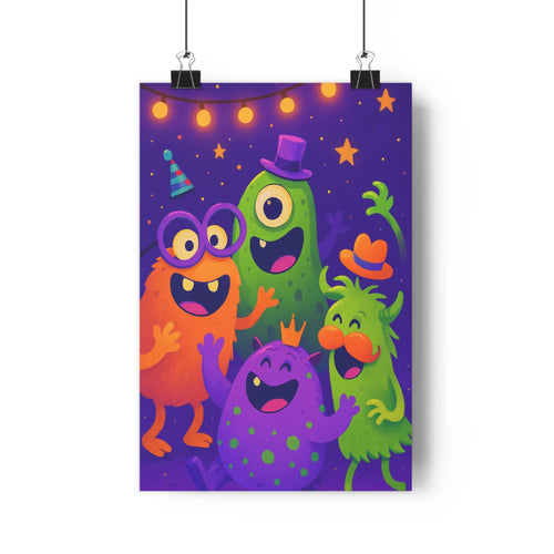 Poster joyeux monstres multicolores ciel étoilé guirlande lumineuse plante verte étagère livres ambiance festive intime chambre salon