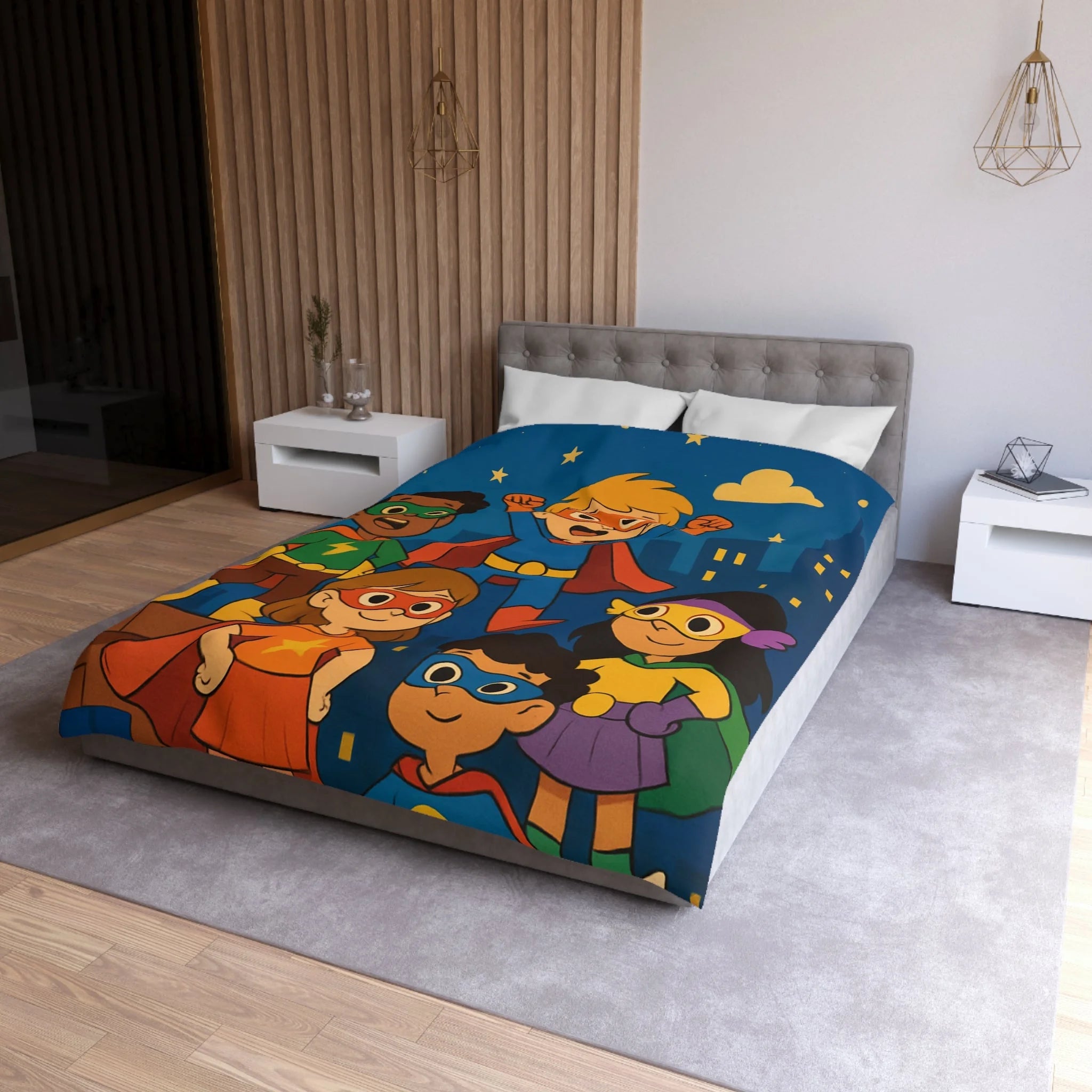 Super-héros Enfants Volant Nuit Ciel Étoilé Ville Amis Confiants Housse de Couette Colorée