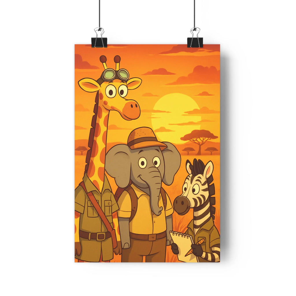 Poster décoratif cartoon enfant safari girafe éléphant zèbre joyeux chambre couleurs chaudes 30x46 cm