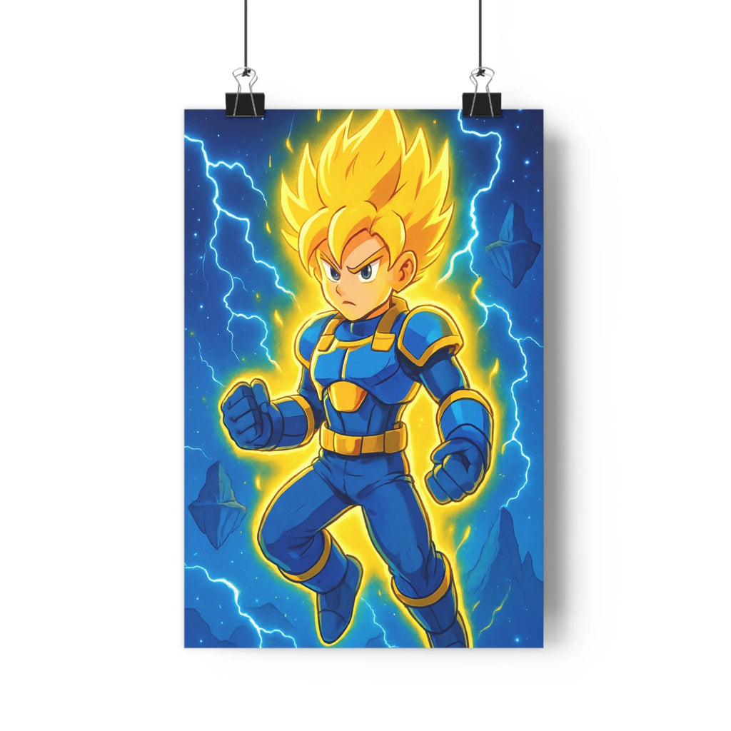 Poster guerrier cosmique cheveux dorés costume bleu foudres lumineuses étoiles nuit table objets plante verte ambiance dynamique intense salon chambre