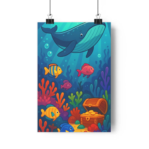 Poster sous marin baleineau trésor poissons coraux algues aventurier joyeux cartoon enfantin bleu vert rouge Jaune