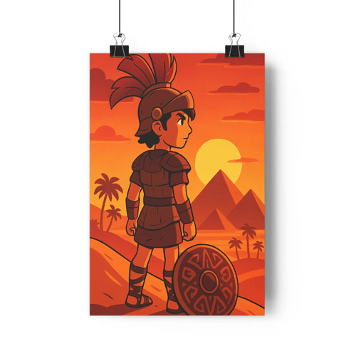 Poster gladiateur armure casque plumes bouclier montagnes pyramidales palmiers coucher soleil rouge orange brun cartoon antique exotique salon chambre