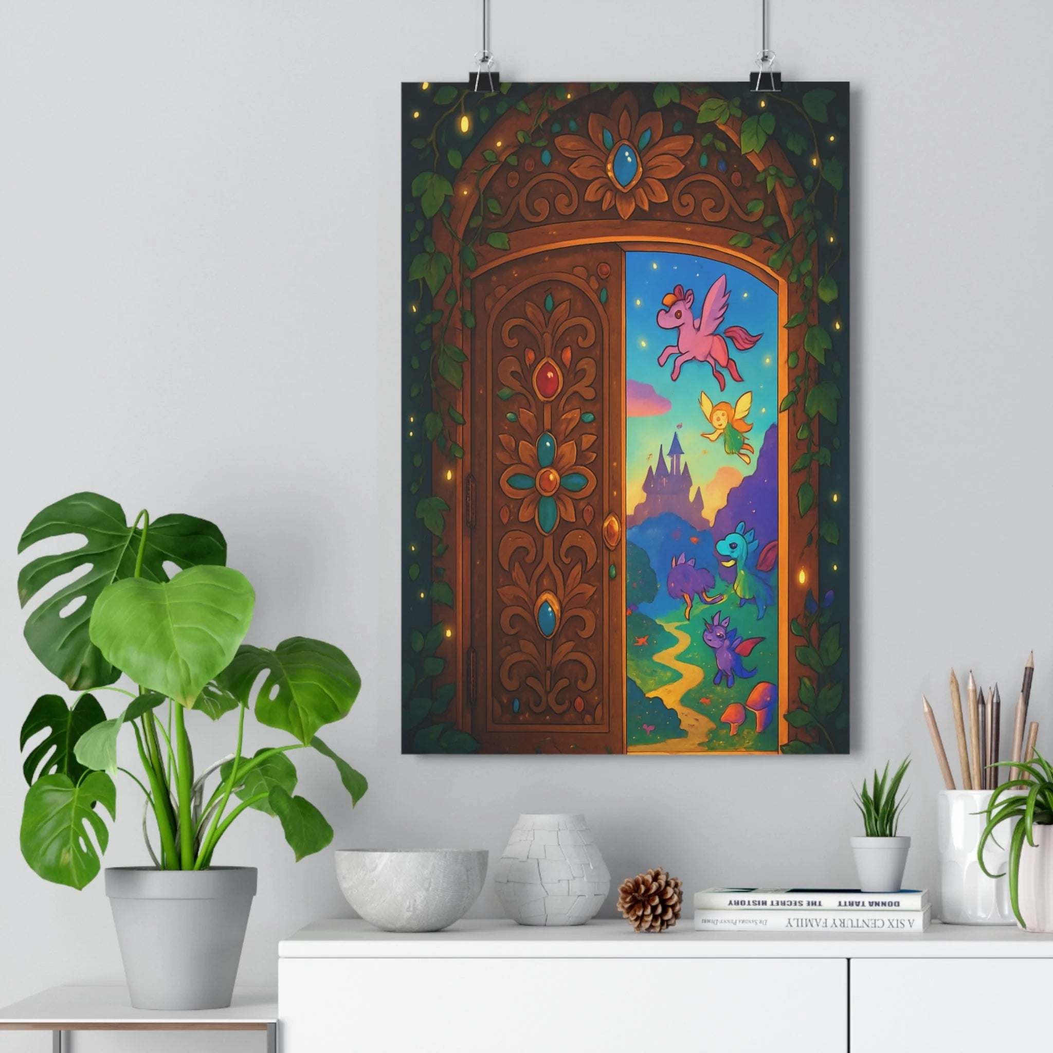 Poster décoratif enchanteur féerique bois sculpté pierres précieuses créatures magiques fée pégase couleur fantastique