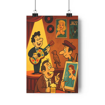 Poster intérieur jazz guitare souriant peintre artiste femme blonde vinyles mur festif convivial salon rétro couleurs vives cartoon