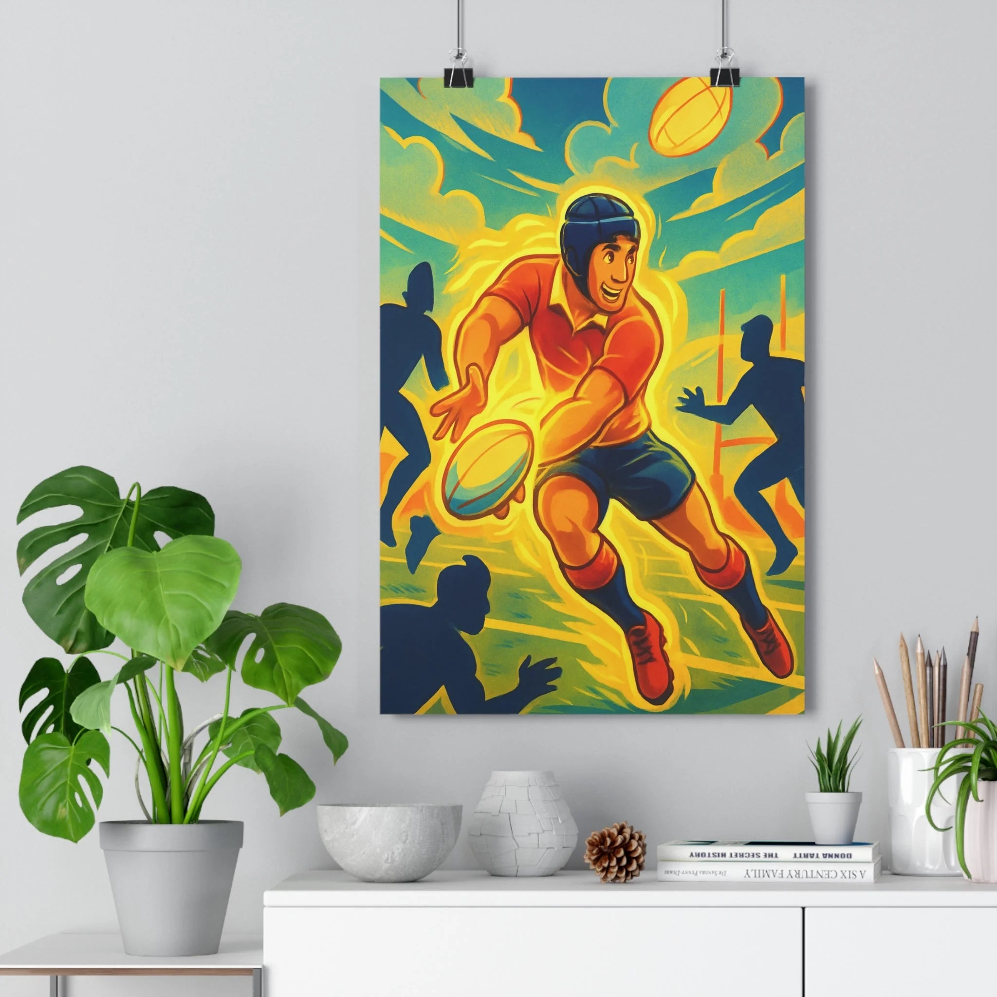 Poster décoratif sportif rugby rouge jaune dynamique moderne salon chambre animation énergie joueur ballon