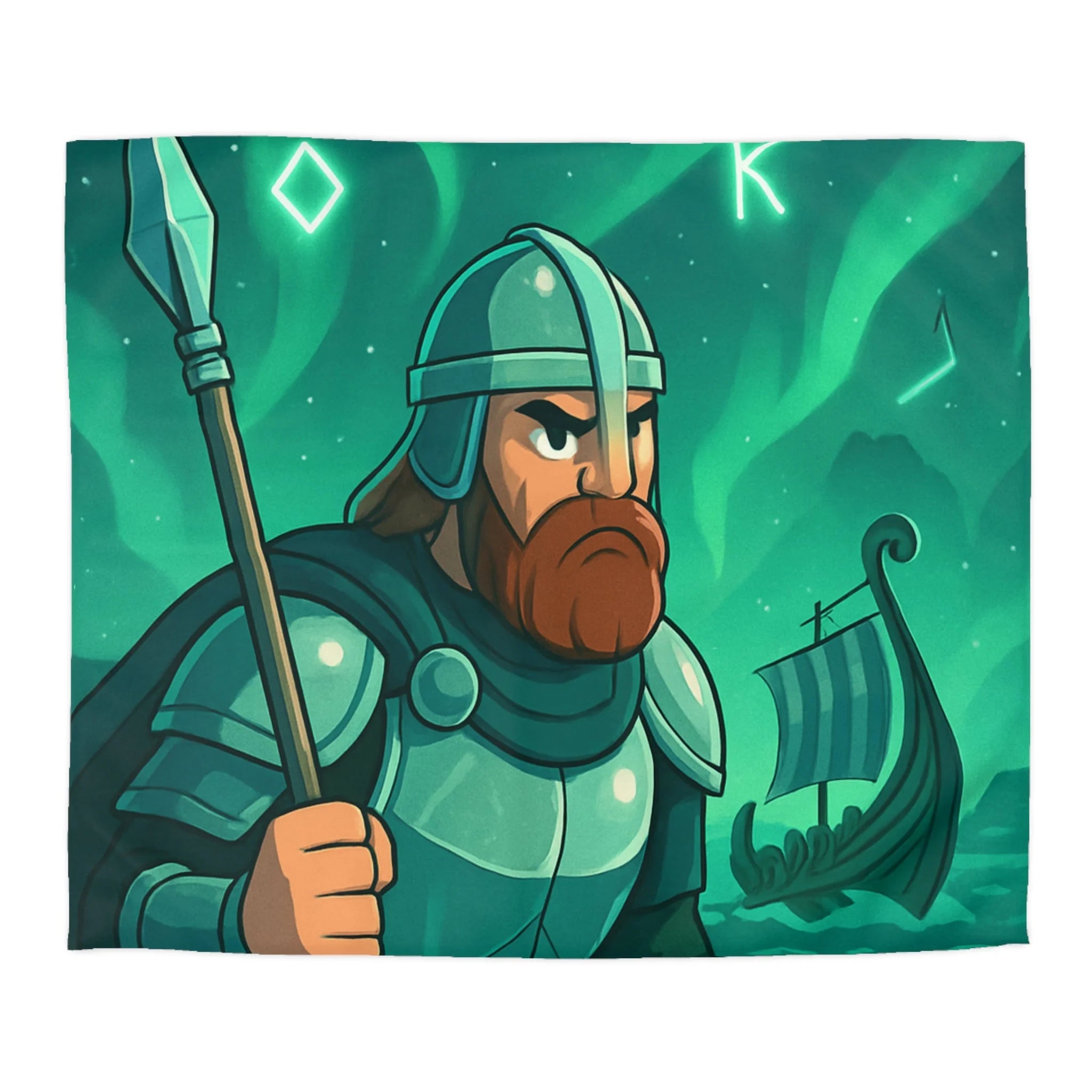 Housse de Couette Viking Vert Émeraude avec Guerrier et Aurores Boréales pour Chambre