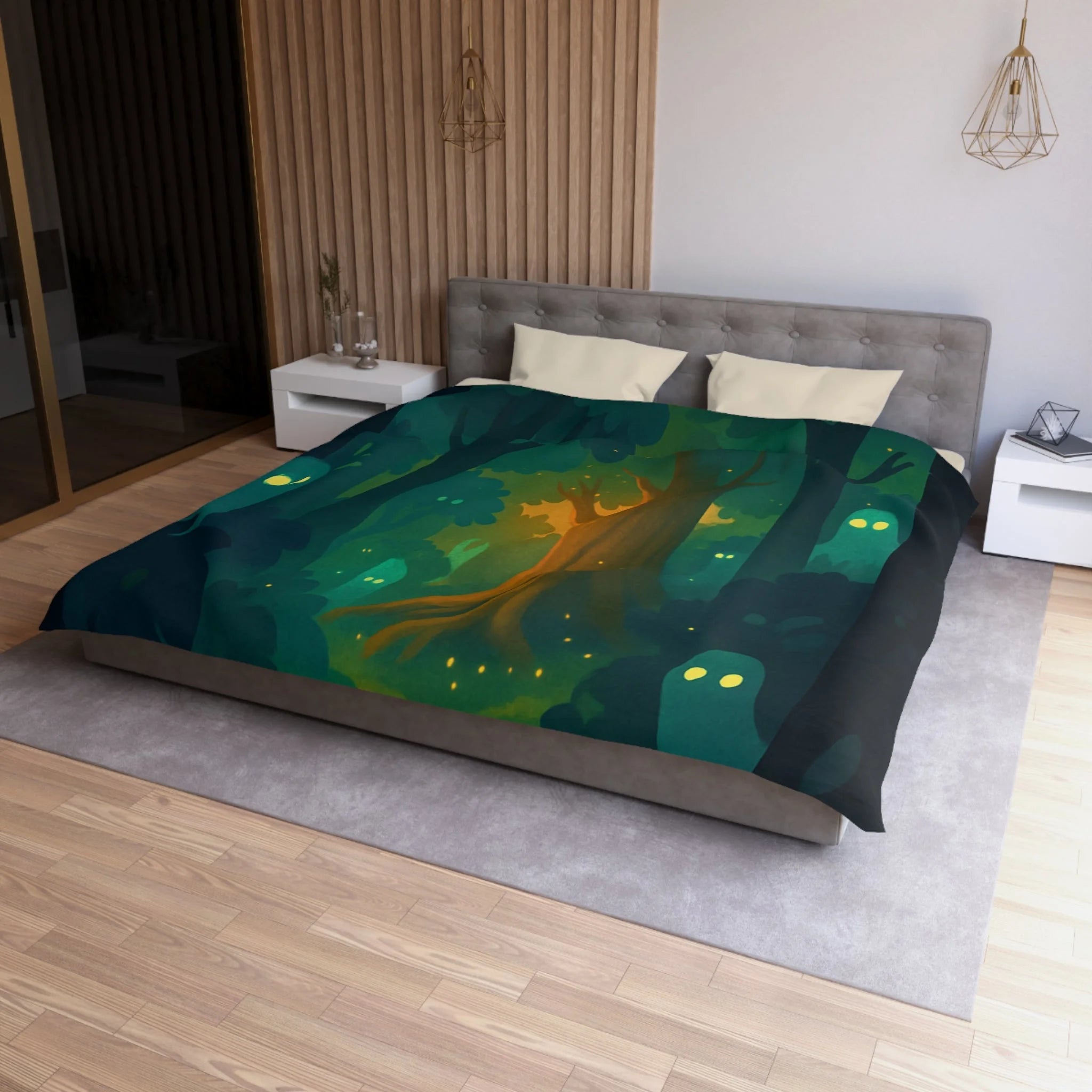 Housse de couette mystérieuse forêt enchantée avec esprits lumineux et sentier sinueux