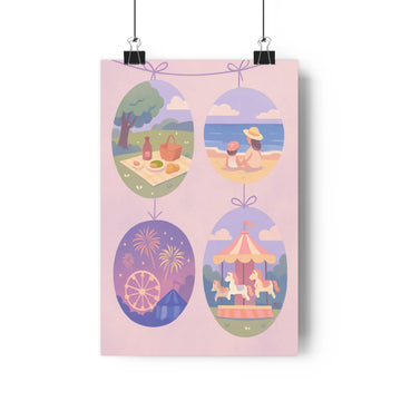 Poster pique-nique plage feux-d-artifice carrousel rose violet cartoon chaleurs contours nets couleurs vives moments joyeux festive loisirs salon chambre