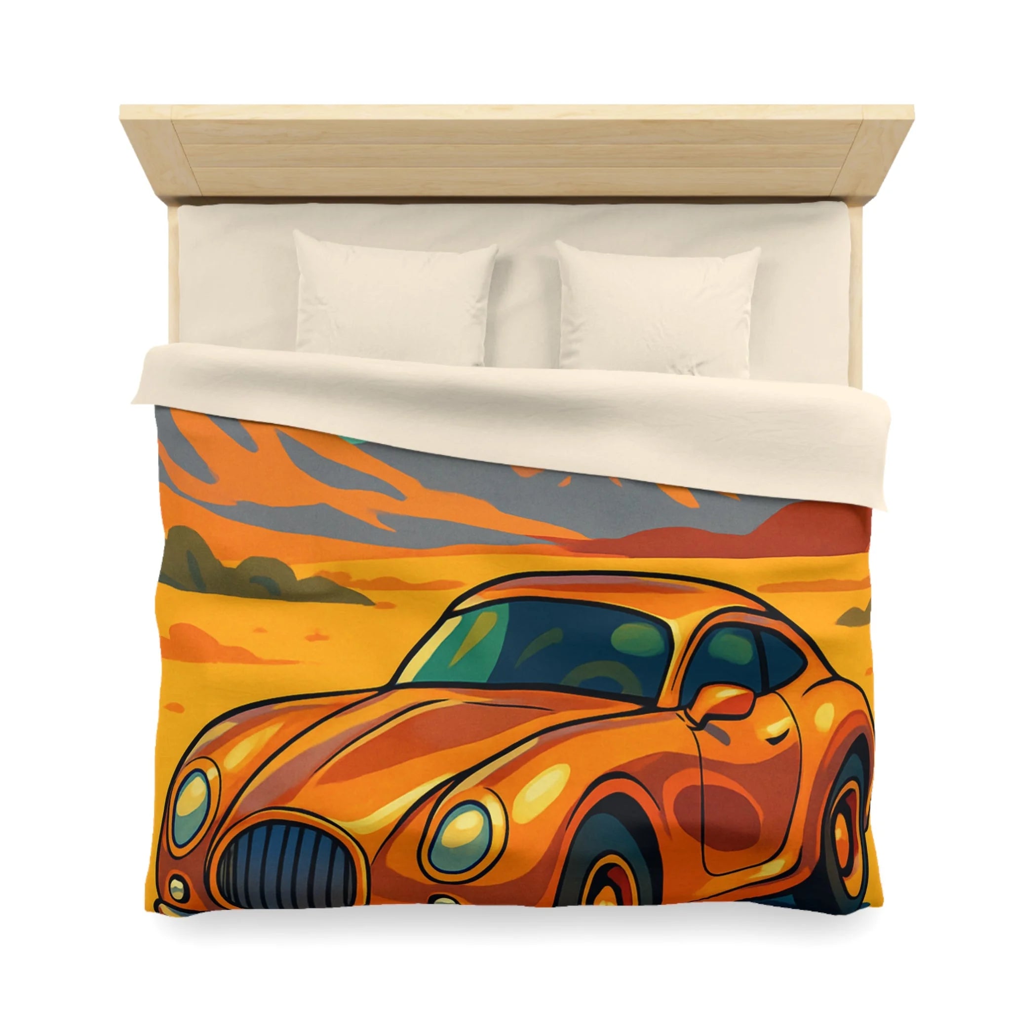 Housse de couette style rétro avec voiture orange désert paisible montagnes lointaines