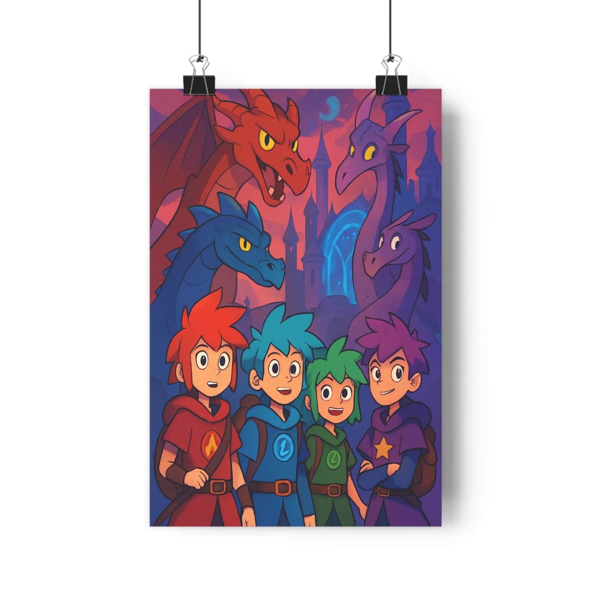 Poster décoratif animé rouge bleu violet enfants aventure magique chambre fantastique moderne coloré dynamique