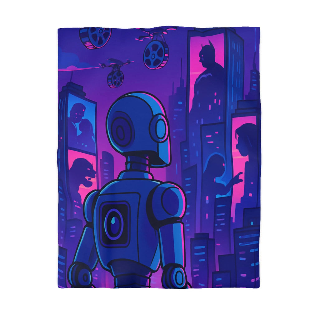 Séduisante housse de couette futuriste robot bleu néons drones anime horizon nuit