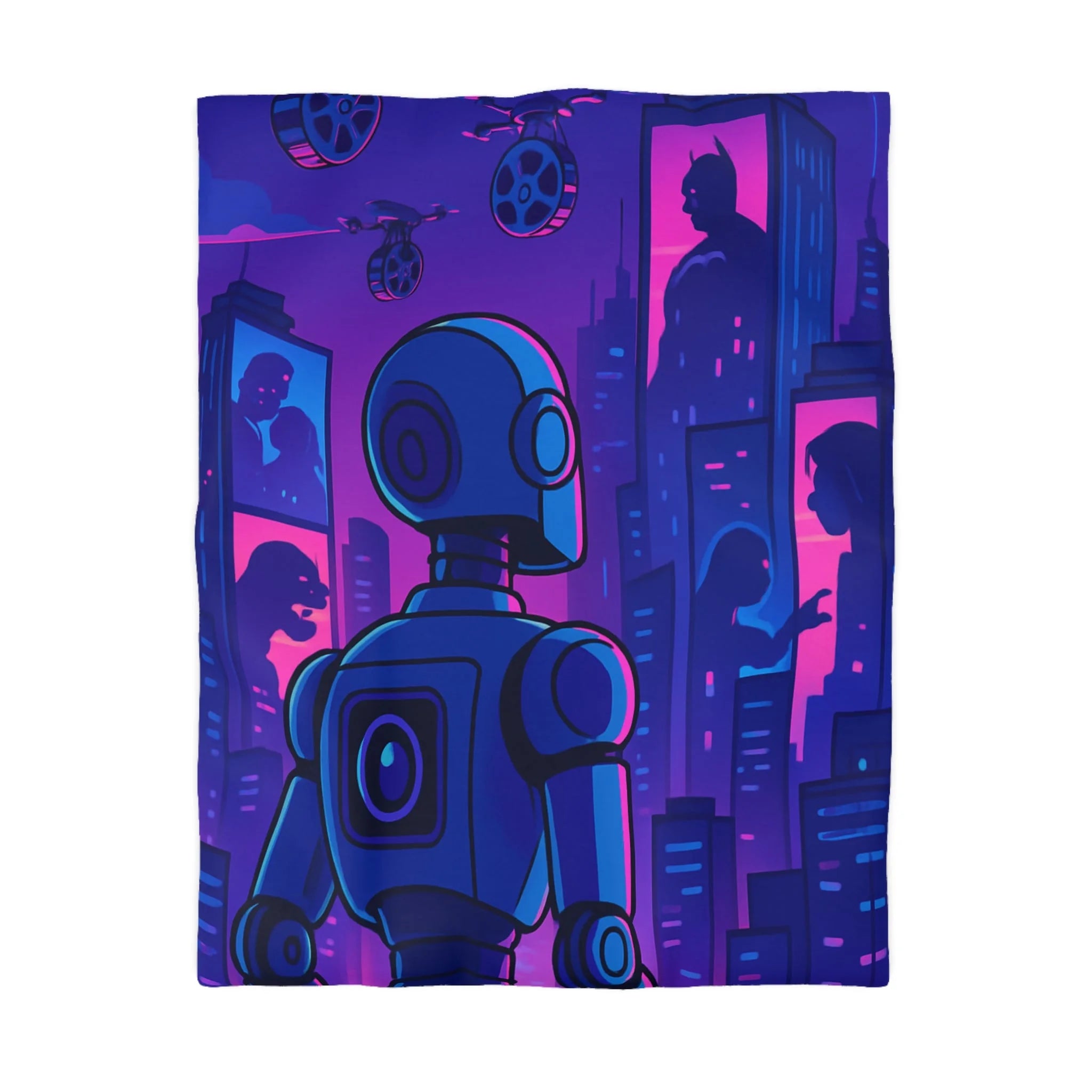 Séduisante housse de couette futuriste robot bleu néons drones anime horizon nuit