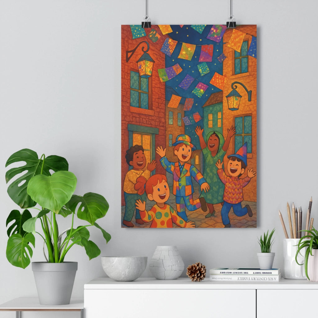 Poster décoratif coloré joyeux enfant rue fête guirlandes lanternes vibrant moderne scène mur qualité