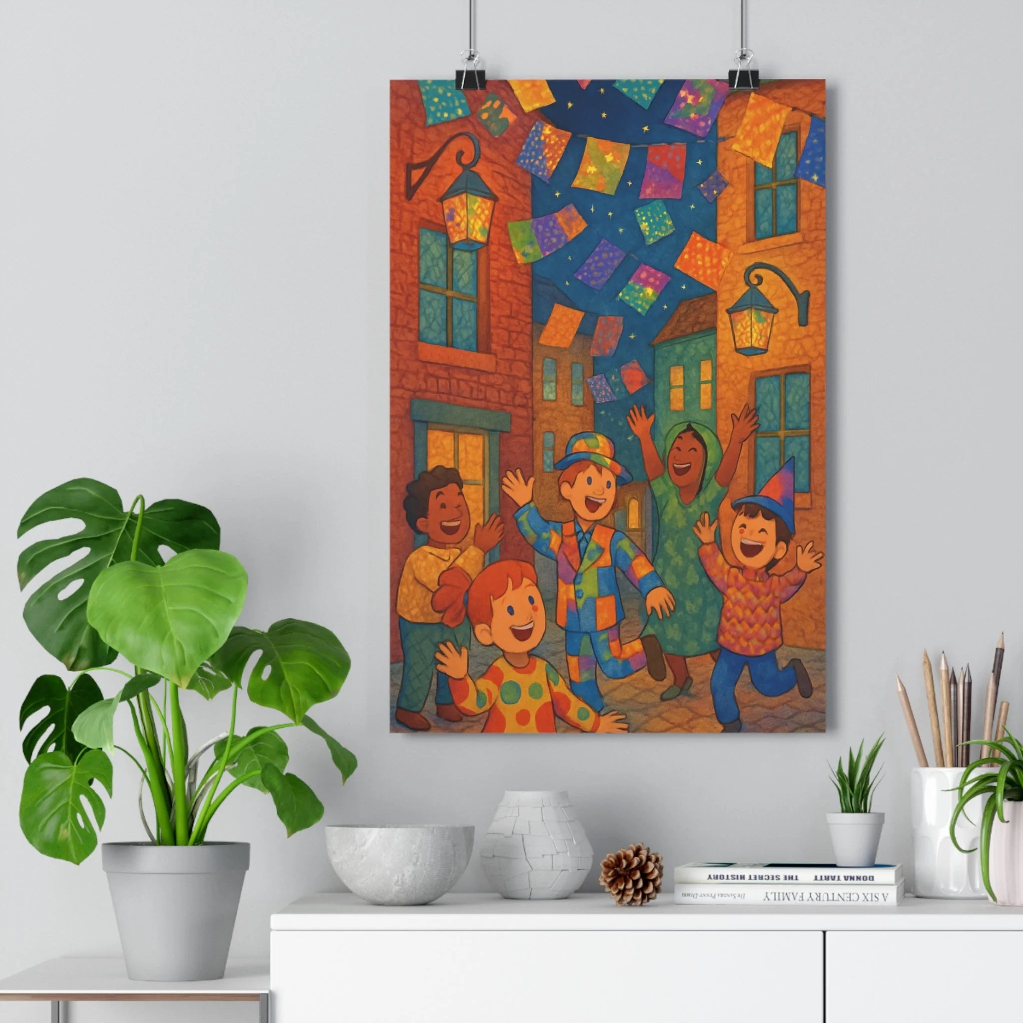 Poster décoratif coloré joyeux enfant rue fête guirlandes lanternes vibrant moderne scène mur qualité
