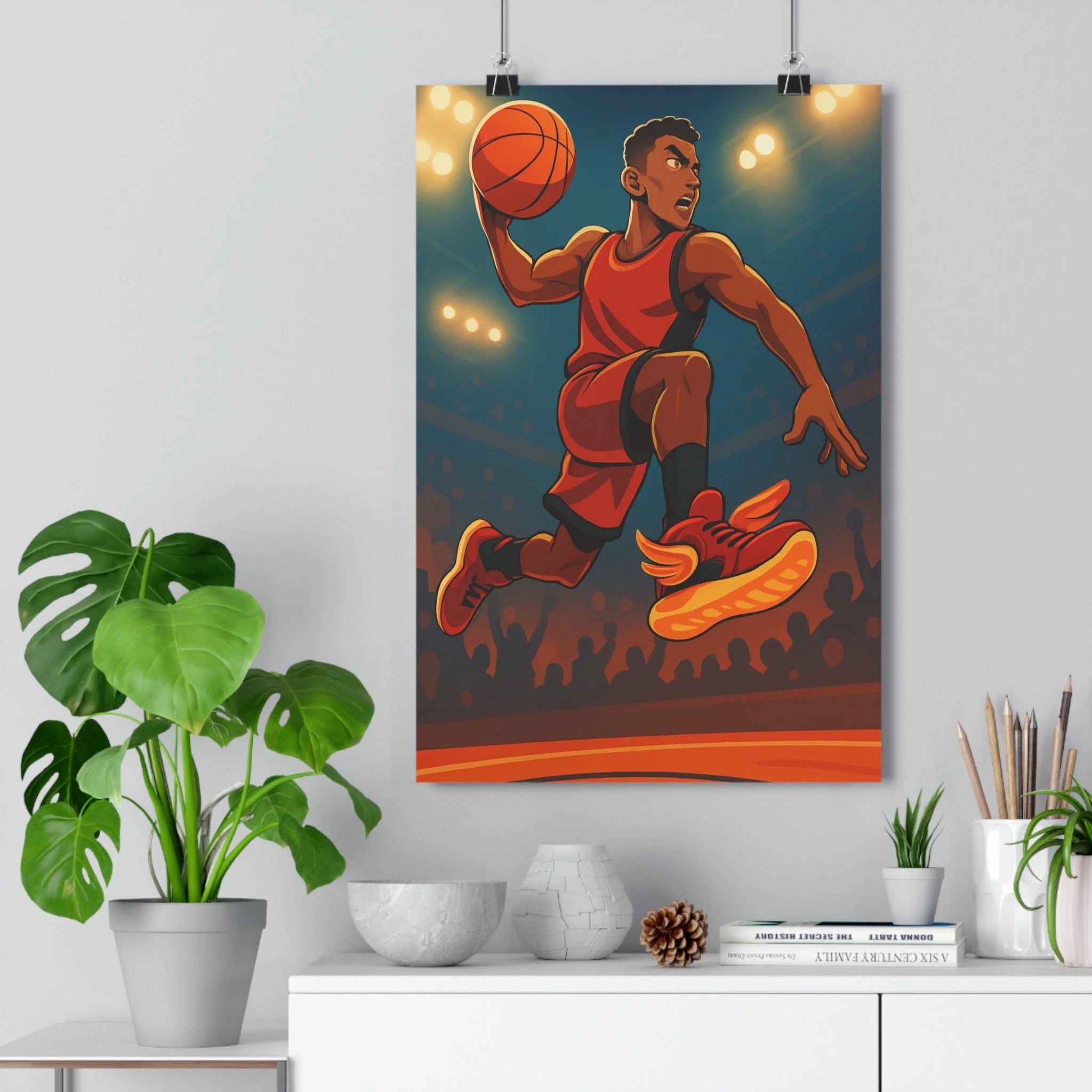 Poster décoratif basket animé rouge vibrant chambre enfant dynamique sportif ambiance excitante contrastée moderne