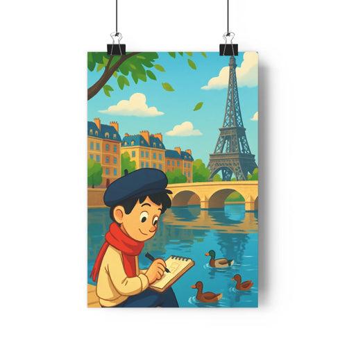 Poster enfant dessinant canal parisien tour eiffel pont canards ambiance sereine déco douce couleurs pastel style cartoon toits pentus rue