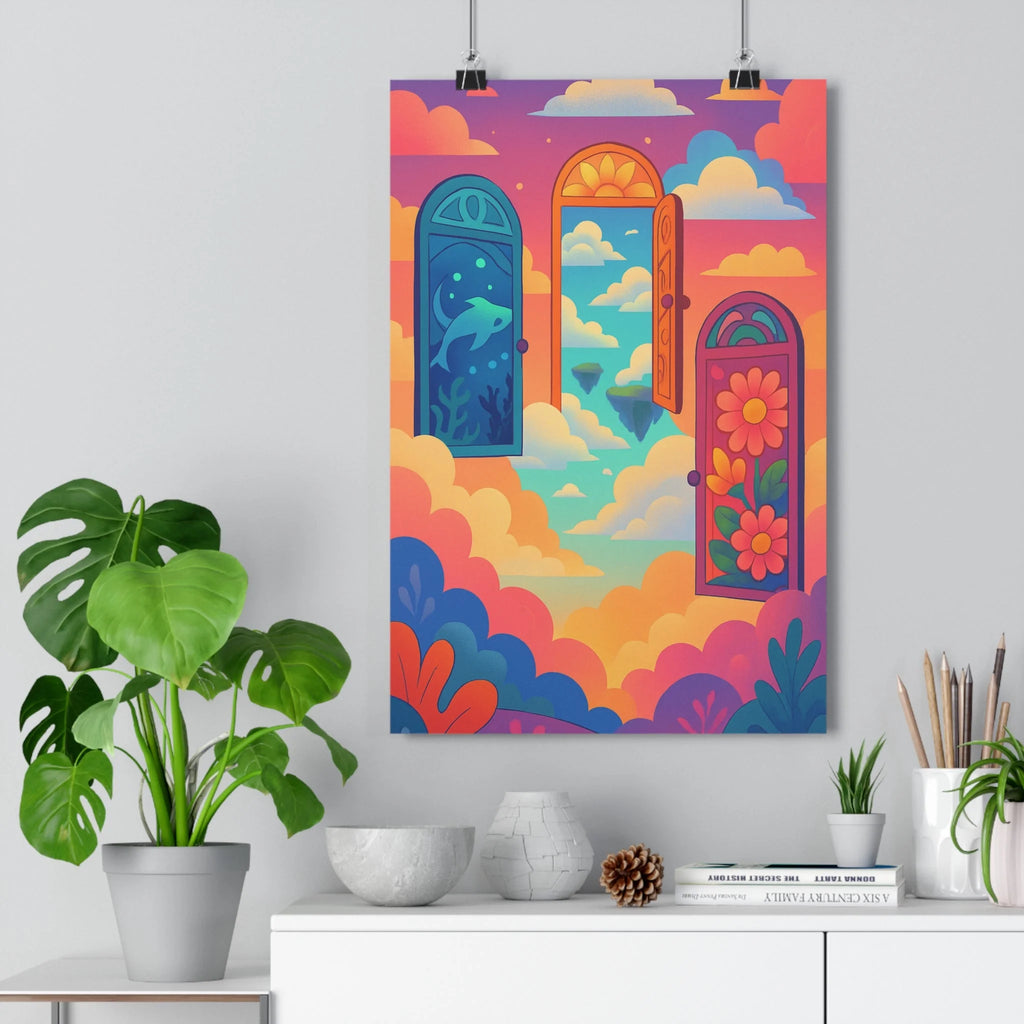 Poster coloré portes motifs dauphin fleurs ciel nuages roses oranges ambiance fantastique moderne détails chambre salon