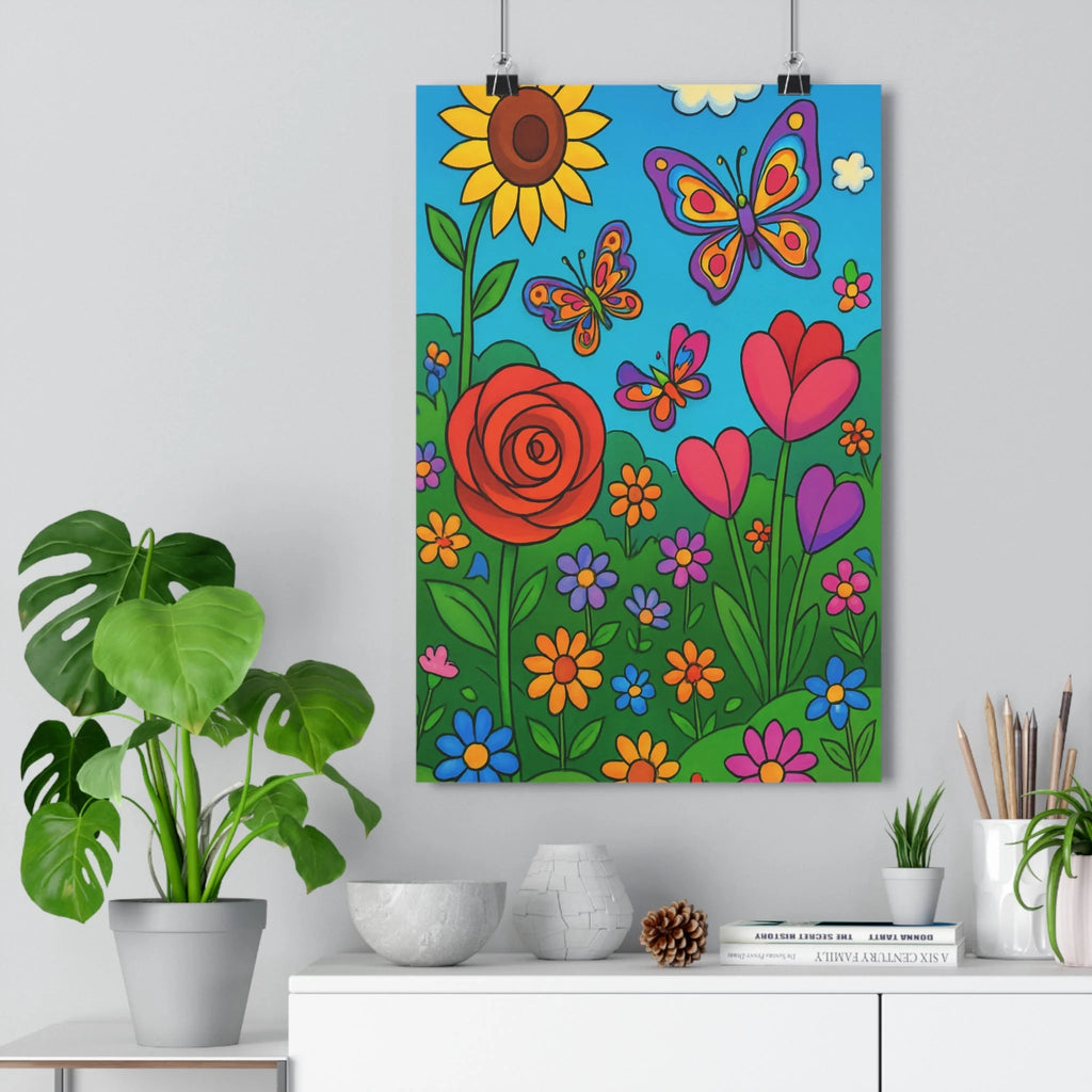 Poster floral papillons tournesol tulipes rose nuages bleu vert rouge jaune violet cartoon joyeux chambre salon