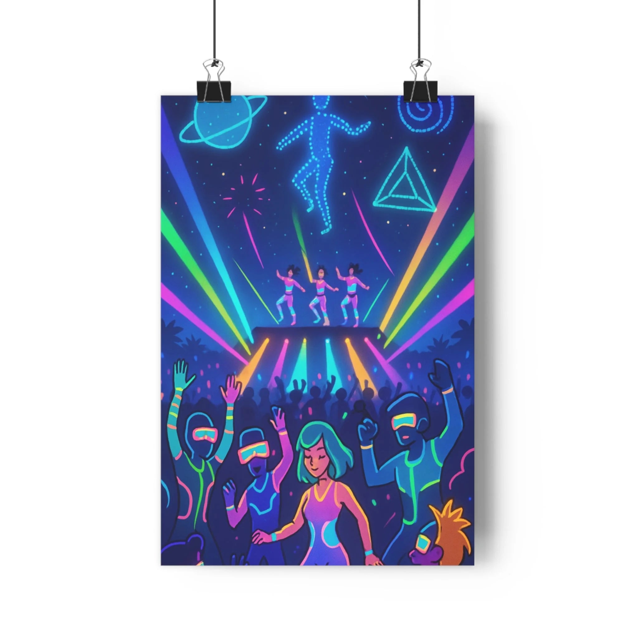 Poster décoratif futuriste néon lumineux joyeux salon chambre danseurs scène vibrant dynamique étoilé ambiance