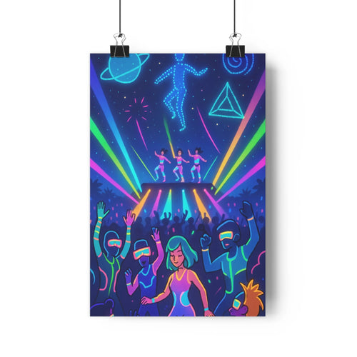 Poster décoratif futuriste néon lumineux joyeux salon chambre danseurs scène vibrant dynamique étoilé ambiance