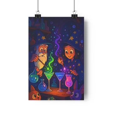 Poster magique personnages chapeaux baguettes fumée couleur bleue verte violette ambiance féerique plantes livres objets décoratifs bouteilles étoiles bulles floatantes