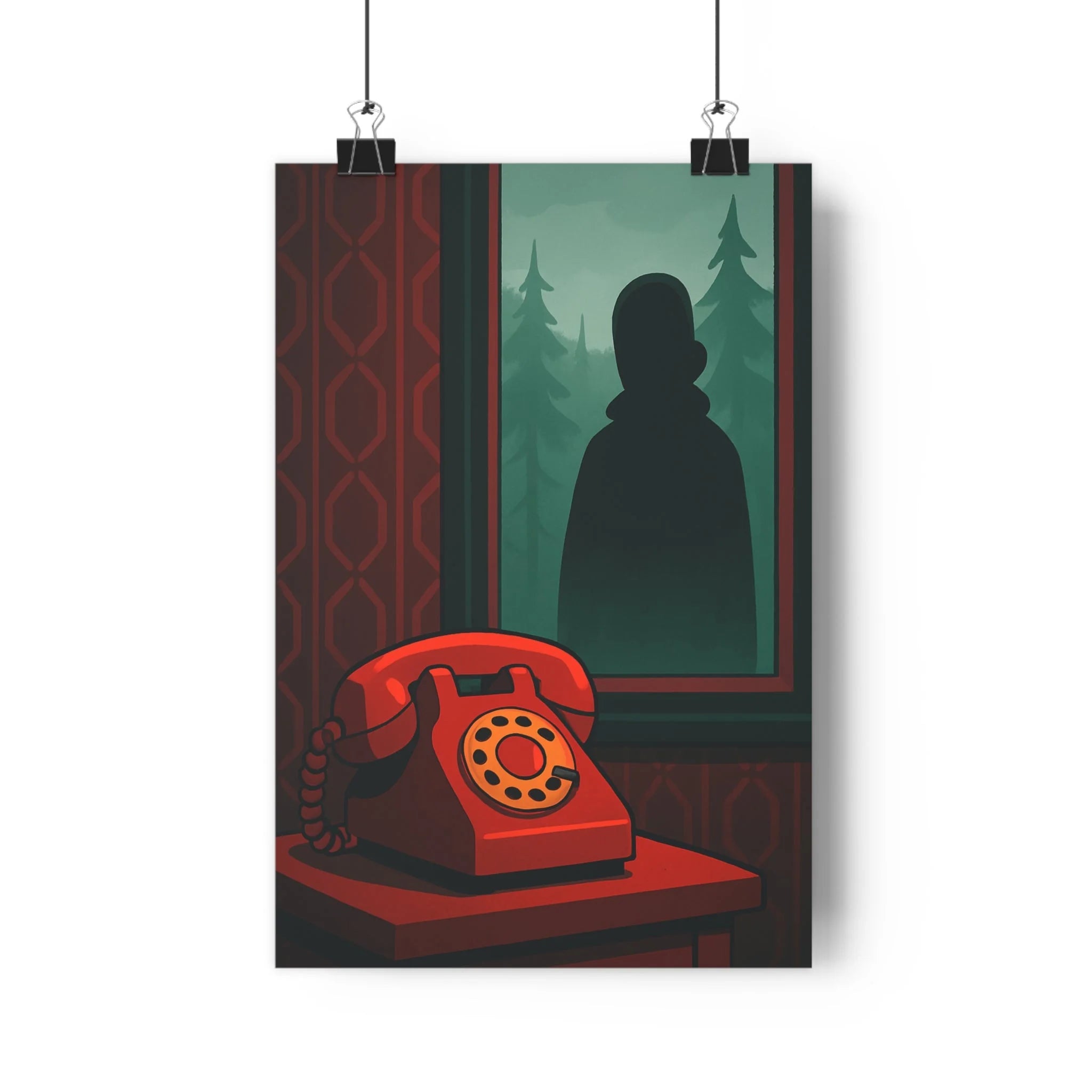 Poster décoratif vintage rouge vert mystérieux salon chambre intrigue sapins forêt ambiance captivante qualité