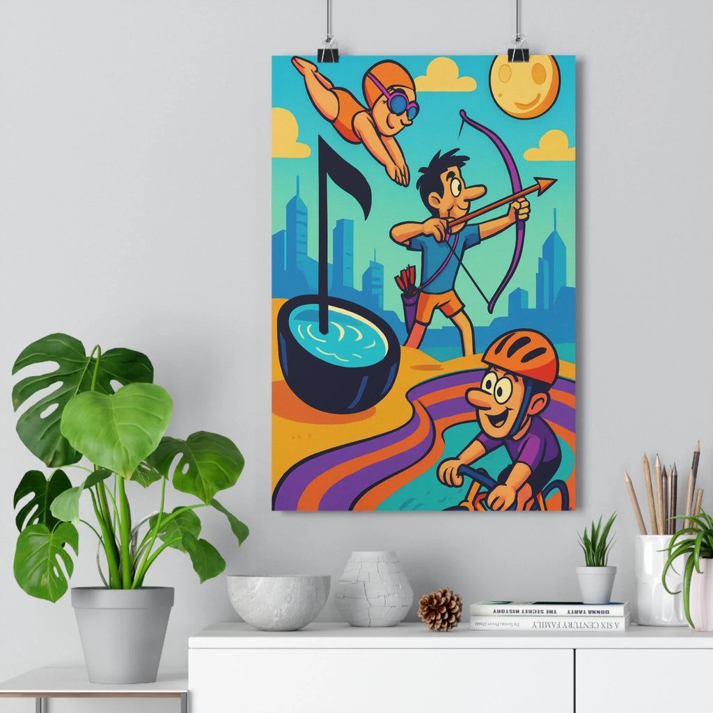 Poster décoratif cartoon olympique nageur archer cycliste coloré joyeux dynamique ville stylisée chambre bureau