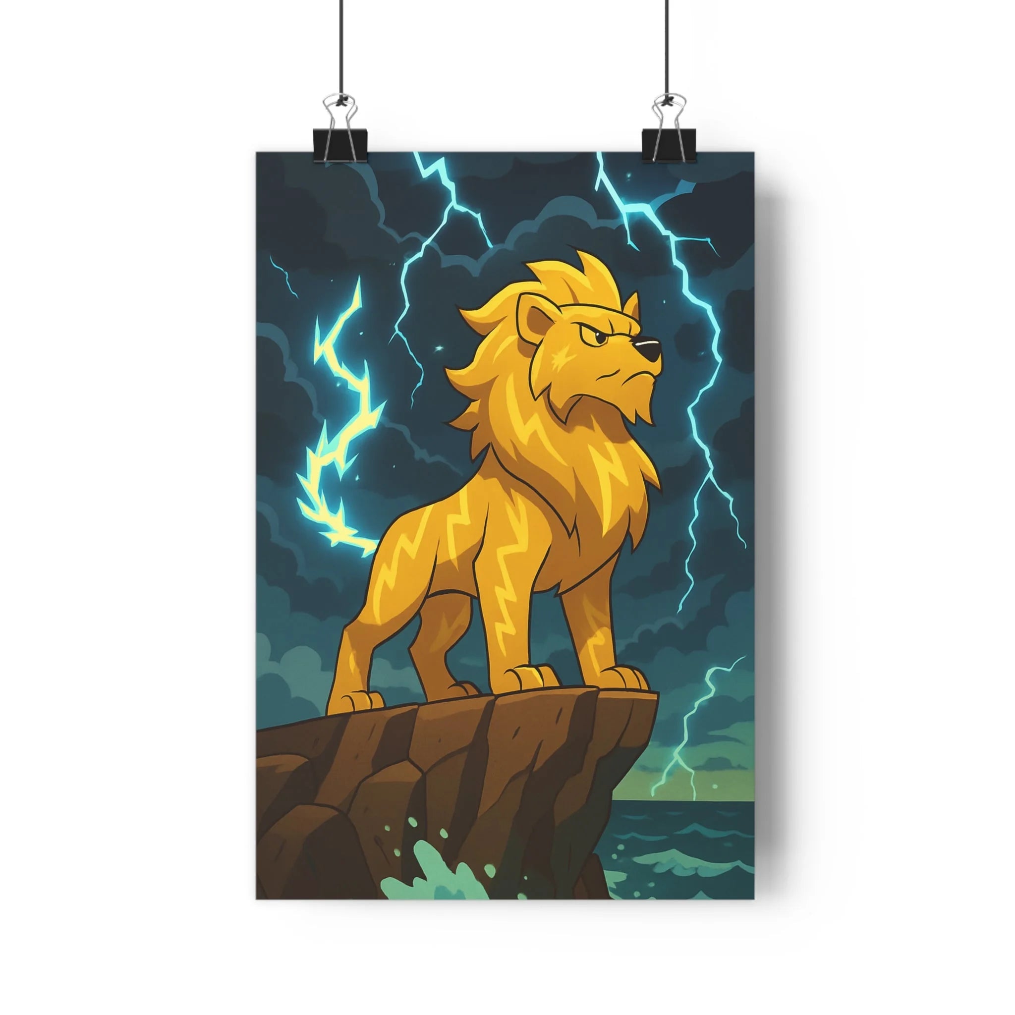 Poster décoratif lion majestueux éclairs jaune épique fantastique bureau chambre art 30x46 dynamique qualité